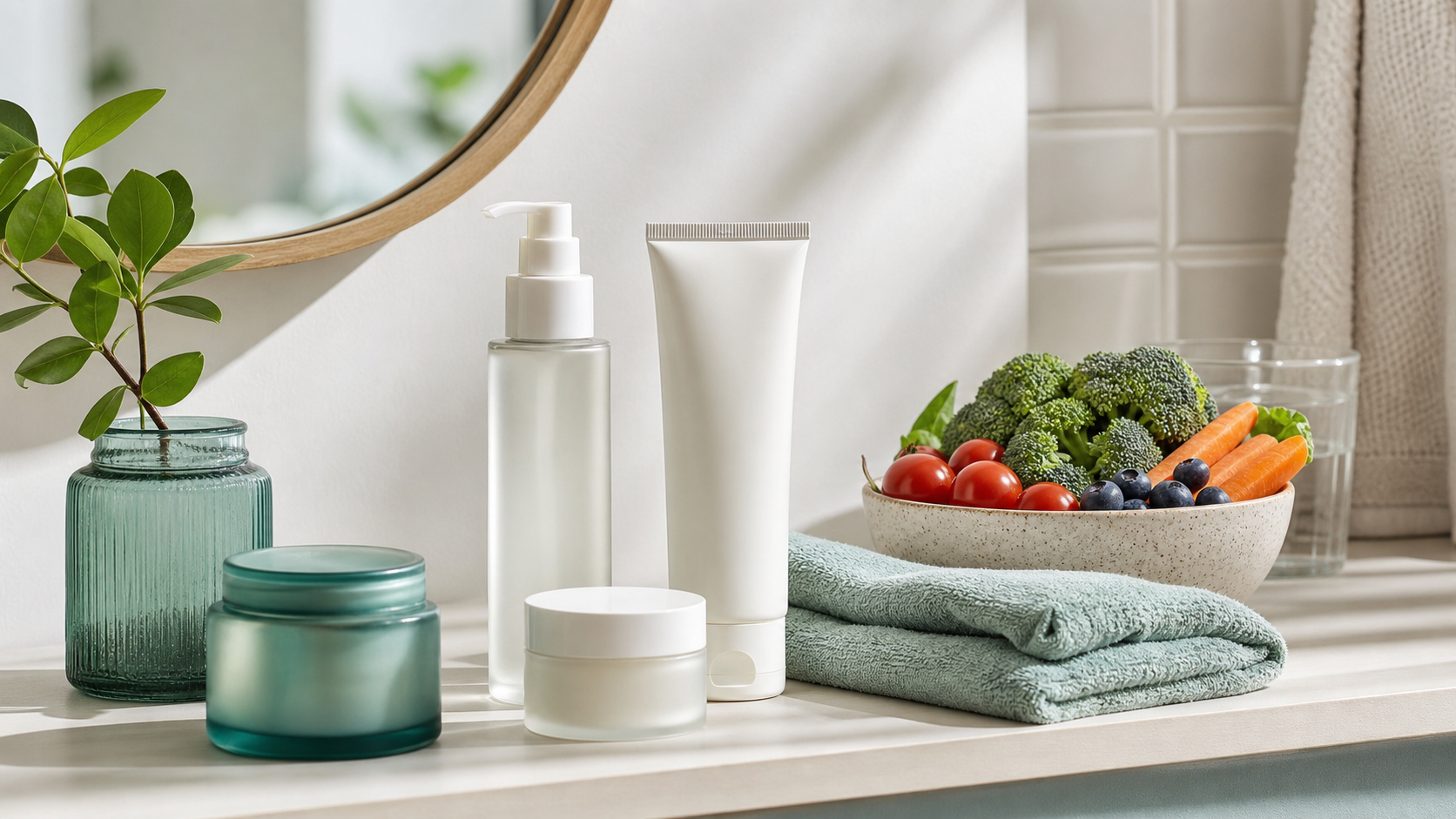 Gentle skincare products with colourful vegetables and berries