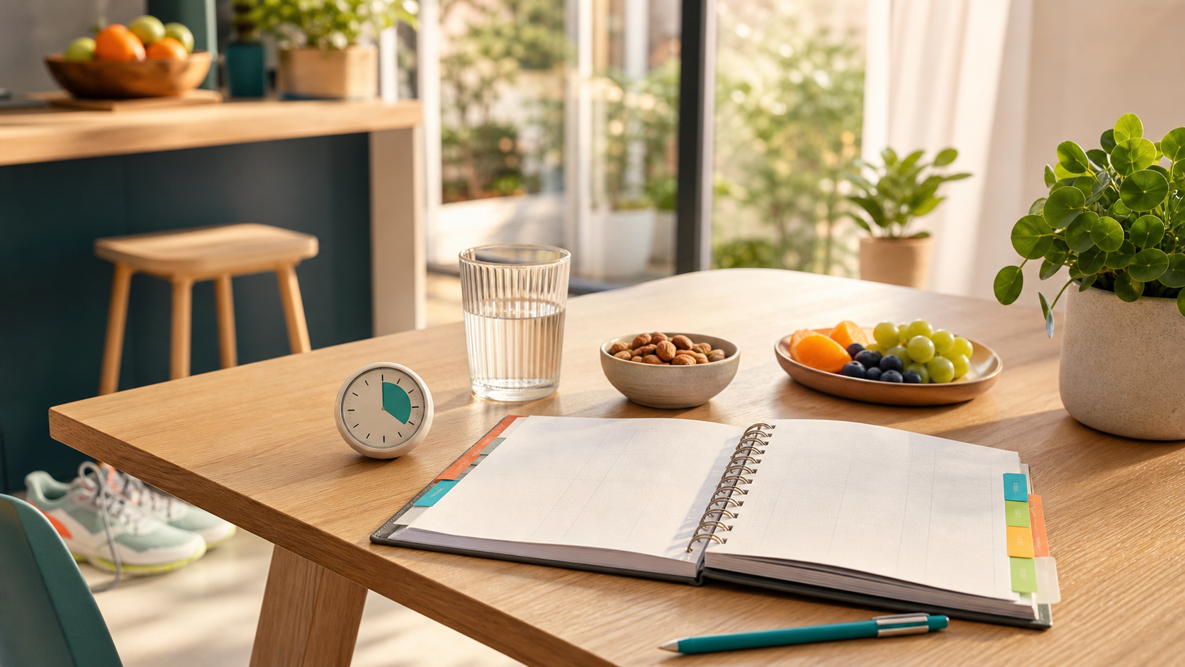 Planner, timer, water, fruit and nuts in a calm home workspace