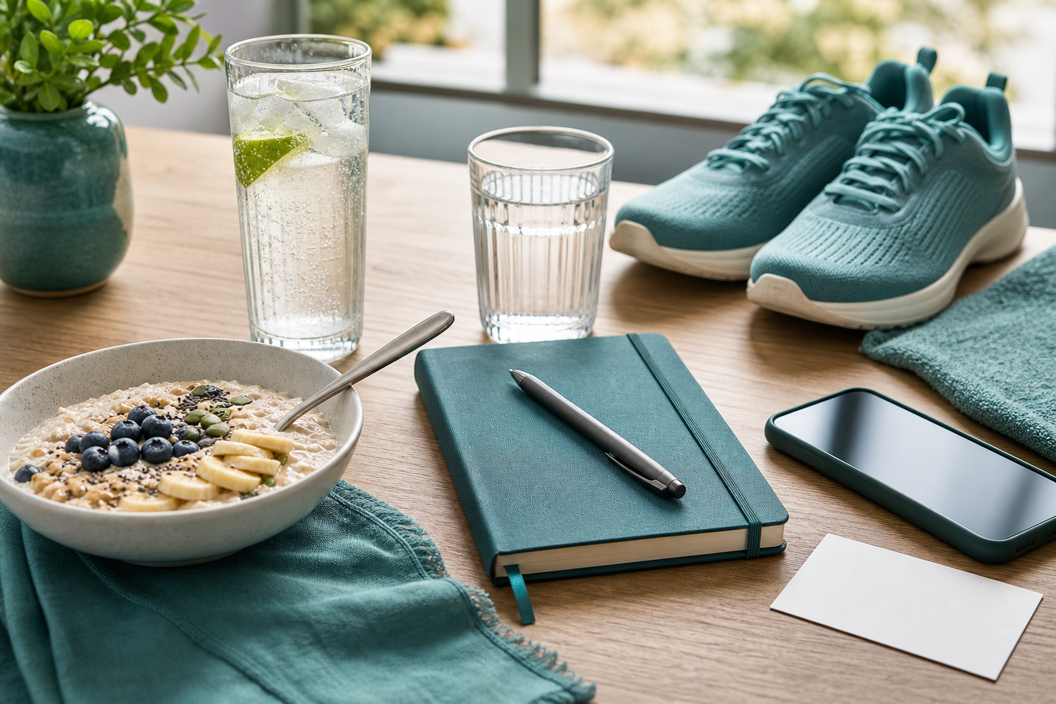 Alcohol-free drink, recovery journal, nourishing breakfast and walking shoes