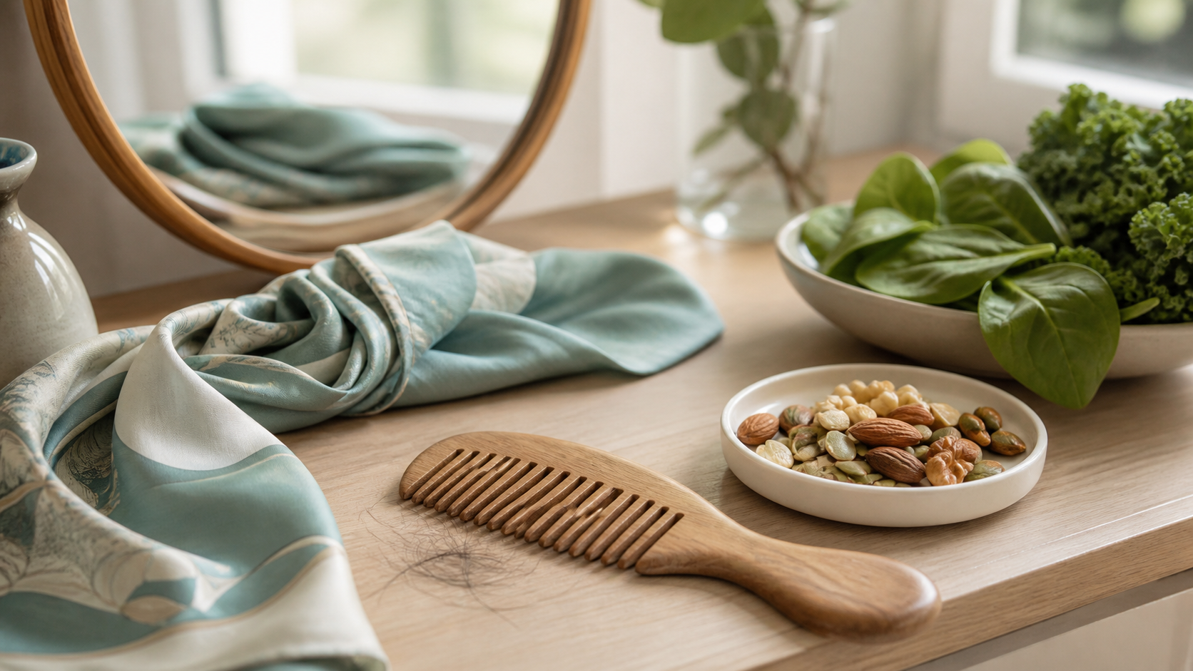 Soft head scarf, wooden comb, nuts, seeds and leafy greens