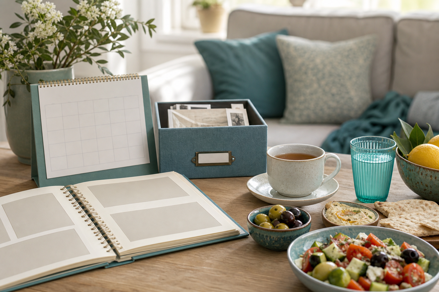 Memory album, simple calendar, keepsake box and Mediterranean foods for dementia support