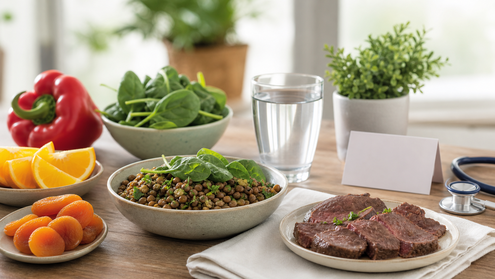 Iron-rich foods including lentils, leafy greens, meat and vitamin C-rich produce