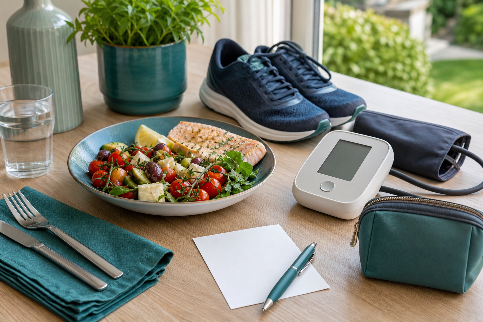 Heart-healthy meal, walking shoes, blood-pressure monitor and discreet medicine pouch