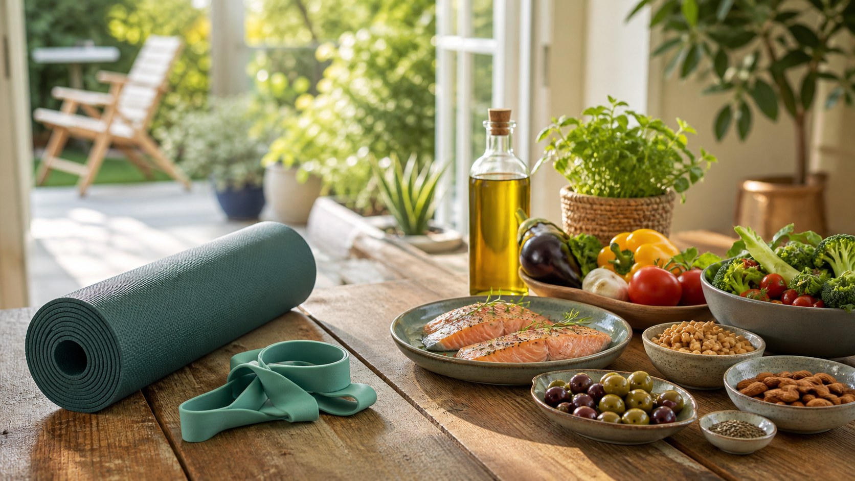 Yoga mat and resistance band beside Mediterranean-style foods