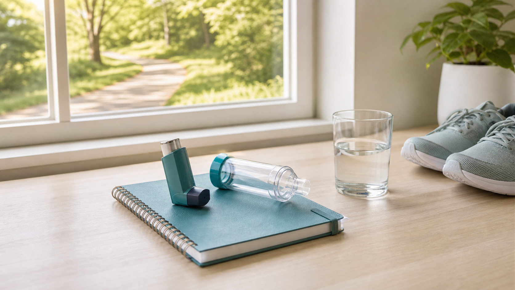 Asthma inhaler and spacer beside a notebook, water and walking shoes