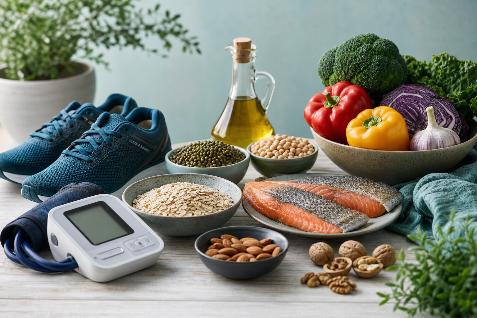 Oats, pulses, oily fish, vegetables, walking shoes and blood-pressure monitor
