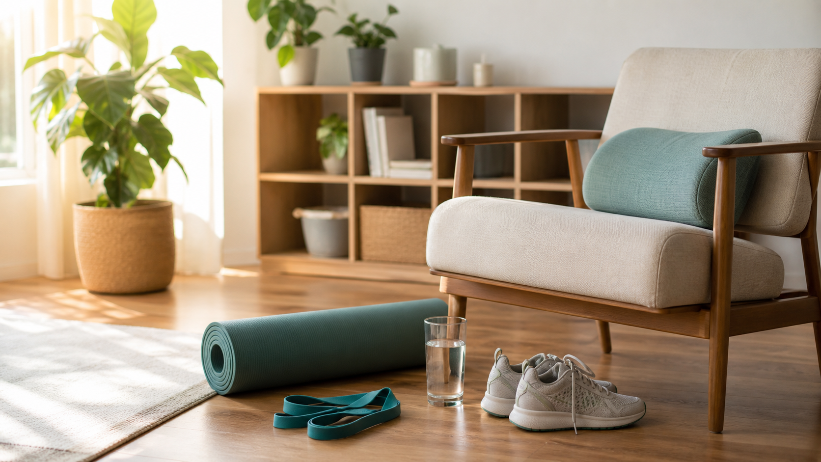 Exercise mat, resistance band, water and supportive chair for back-pain recovery