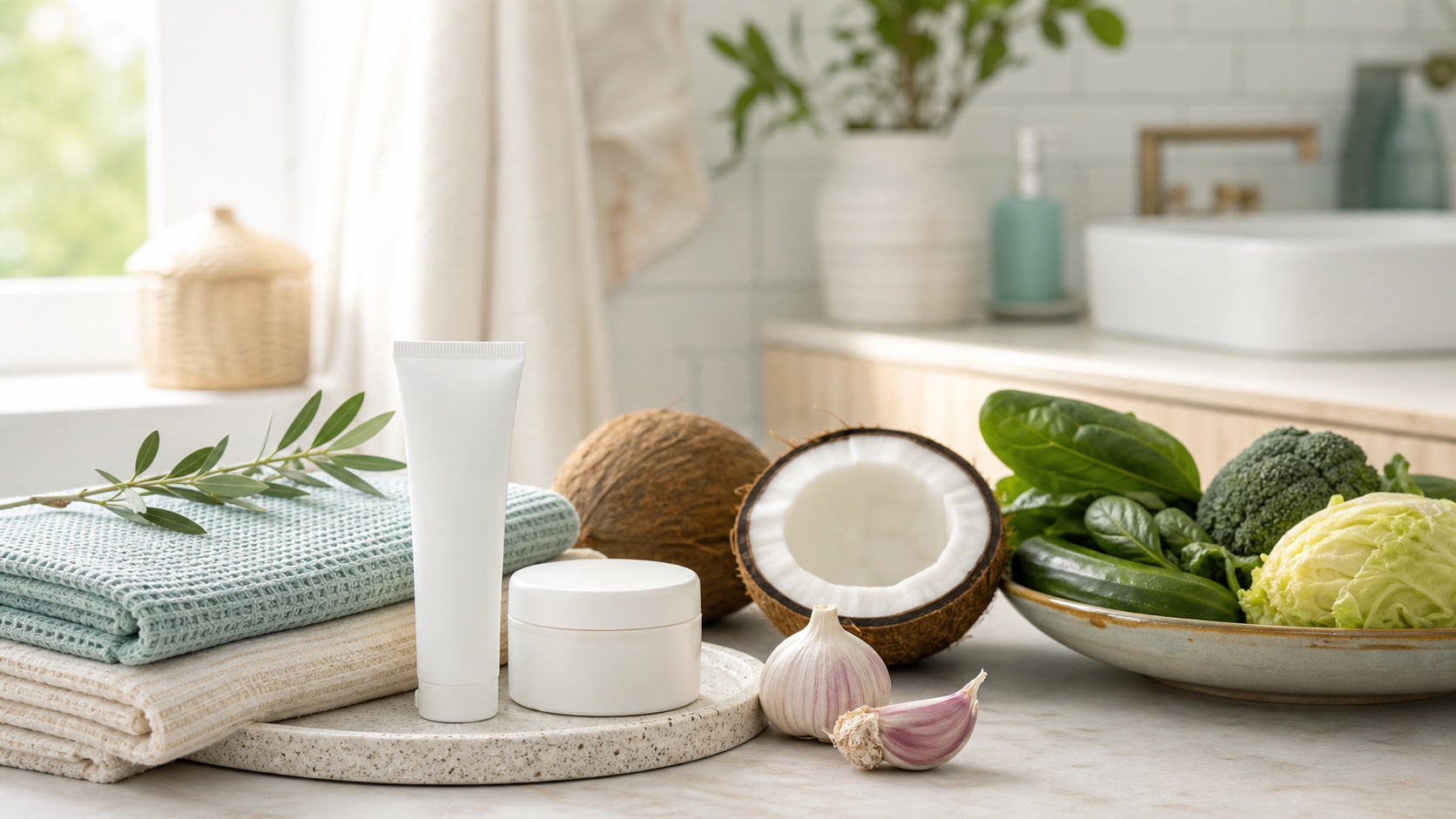 Discreet personal-care products with garlic, coconut and fresh vegetables