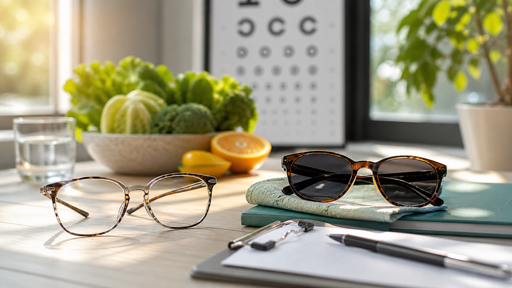 Prescription glasses and sunglasses beside an eye examination chart and vegetables
