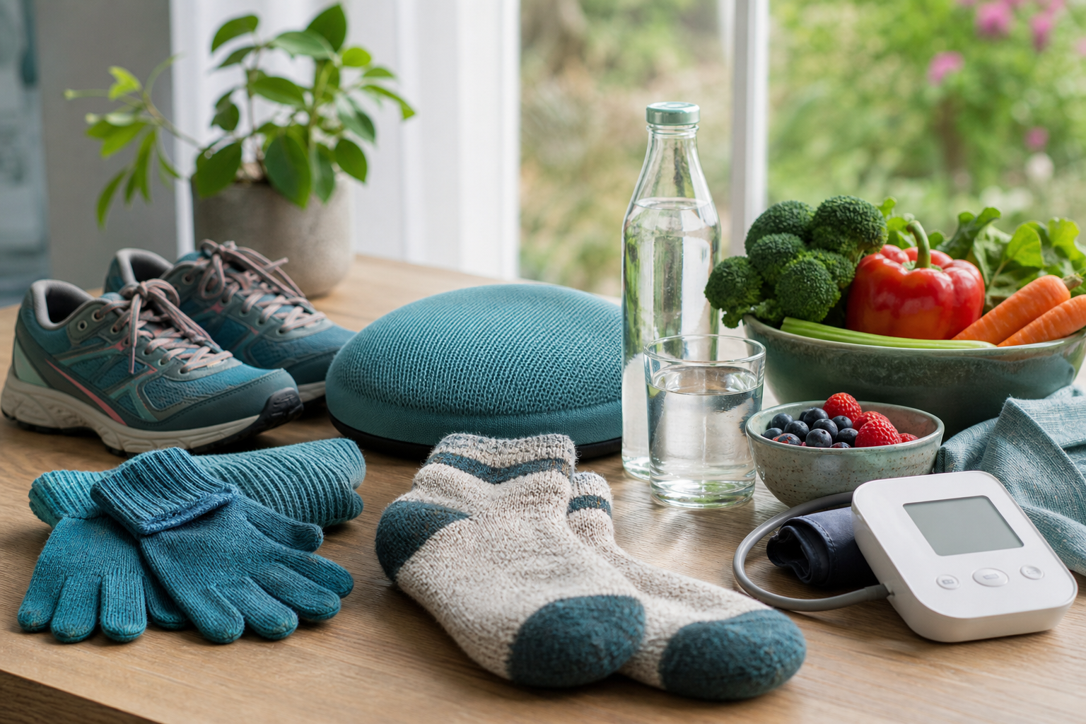 Warm gloves, socks, walking shoes, raised cushion and blood-pressure monitor