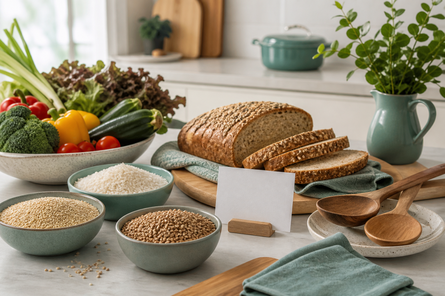 Gluten-free grains, bread and labelled foods arranged in a bright kitchen
