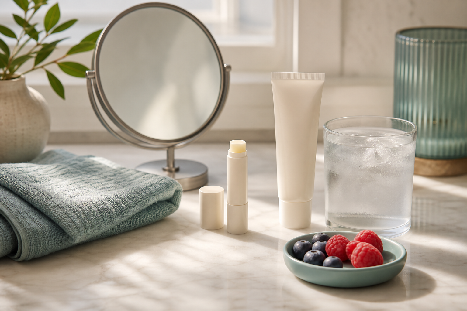 Lip balm, sun protection and a cool drink arranged for cold-sore self-care