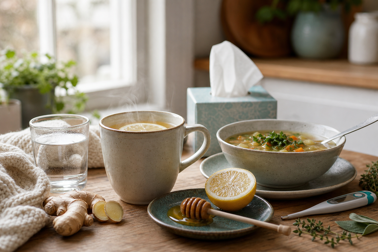 Warm lemon drink, tissues, thermometer and nourishing soup for respiratory illness