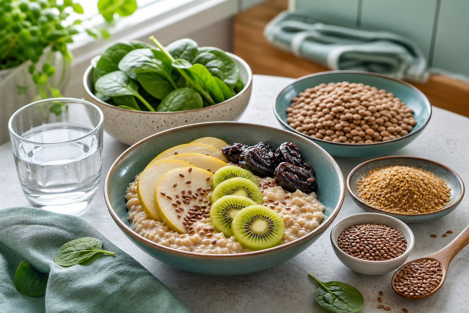 Fibre-rich fruit, vegetables, whole grains, linseeds and water