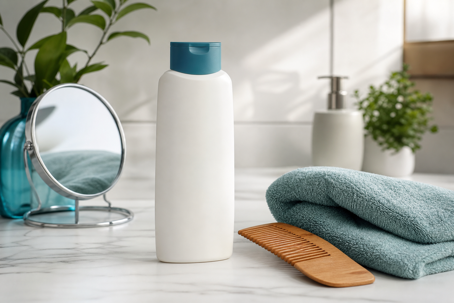 Gentle anti-dandruff hair care products beside a wooden comb and clean towel