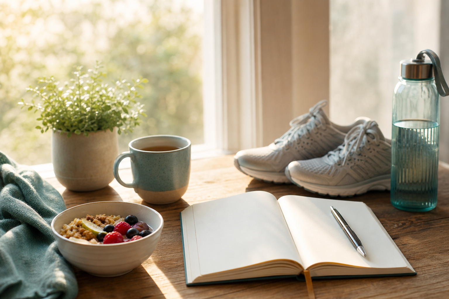 Journal, walking shoes, nourishing breakfast and morning light for depression support