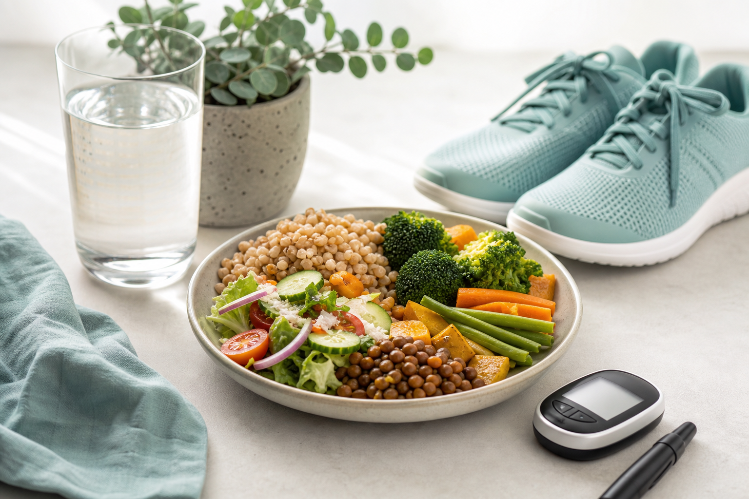 Balanced whole-food meal, glucose meter and walking shoes for diabetes self-management