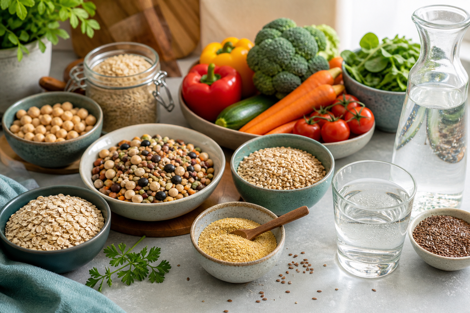 Whole grains, vegetables, pulses, ground linseed and water for bowel health
