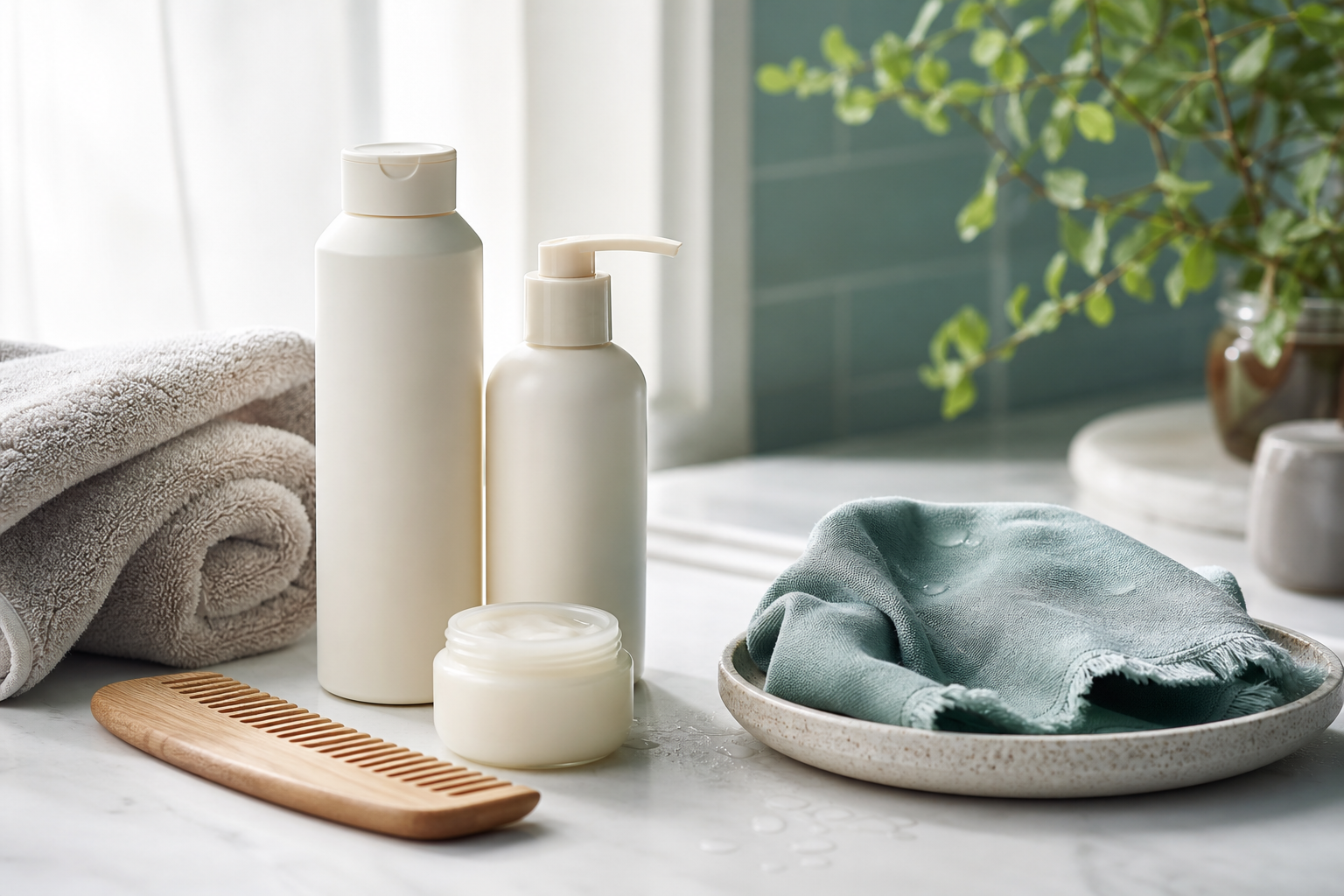 Fragrance-free scalp care, soft towel and wooden comb for a dry itchy scalp