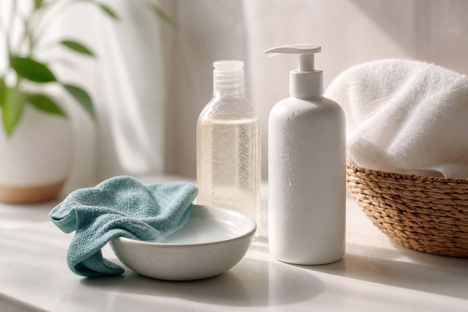 Fragrance-free emollient, soft cotton towel and gentle skincare for eczema