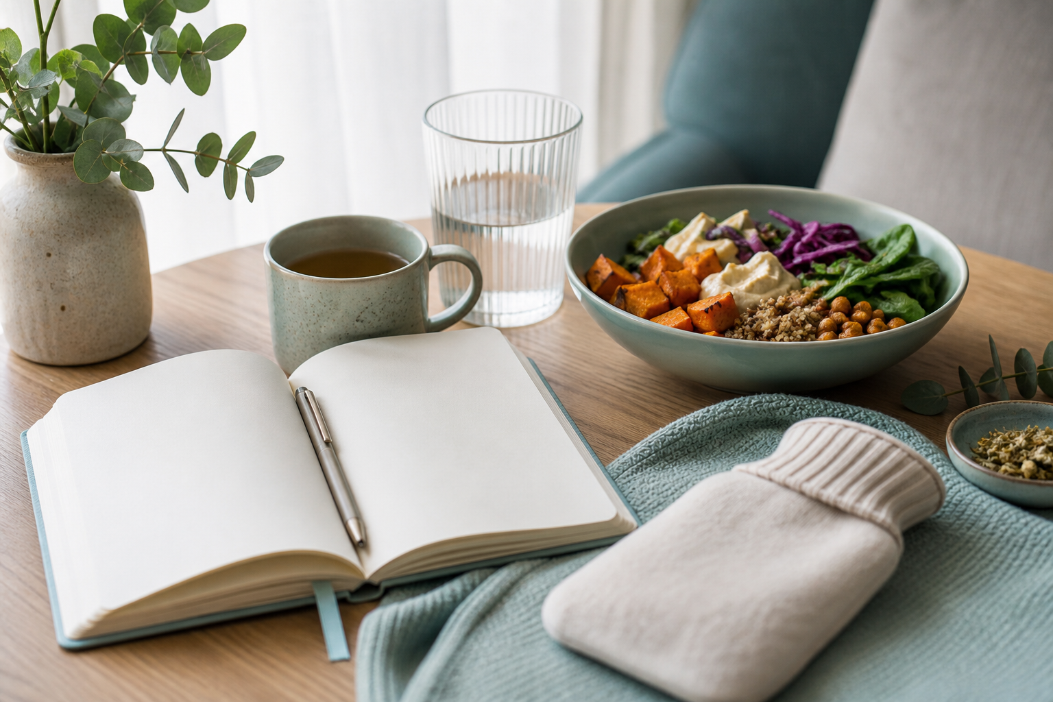 Symptom journal, heat pack, herbal tea and nourishing foods for endometriosis support