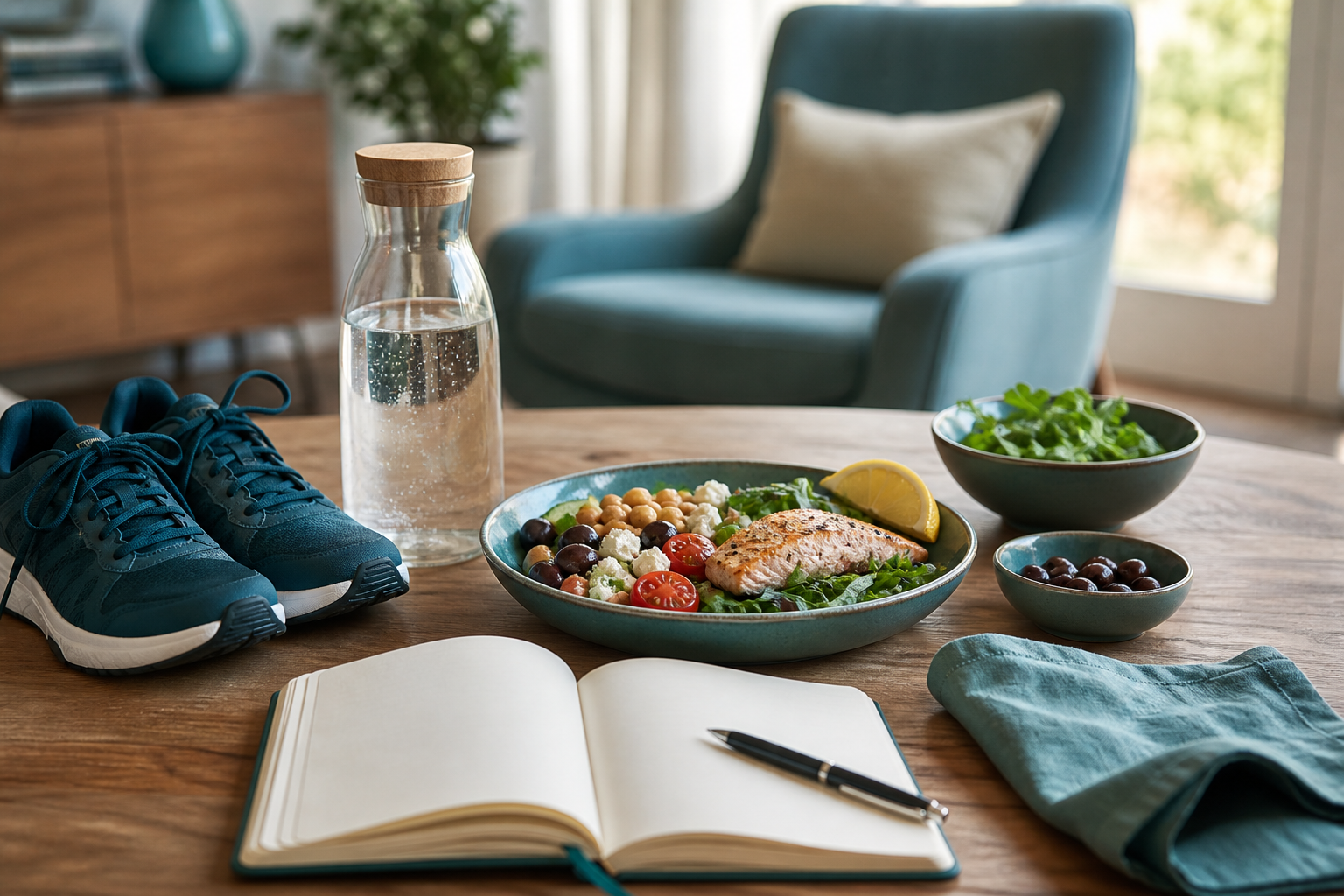 Heart-healthy meal, walking shoes and private wellbeing journal for vascular health