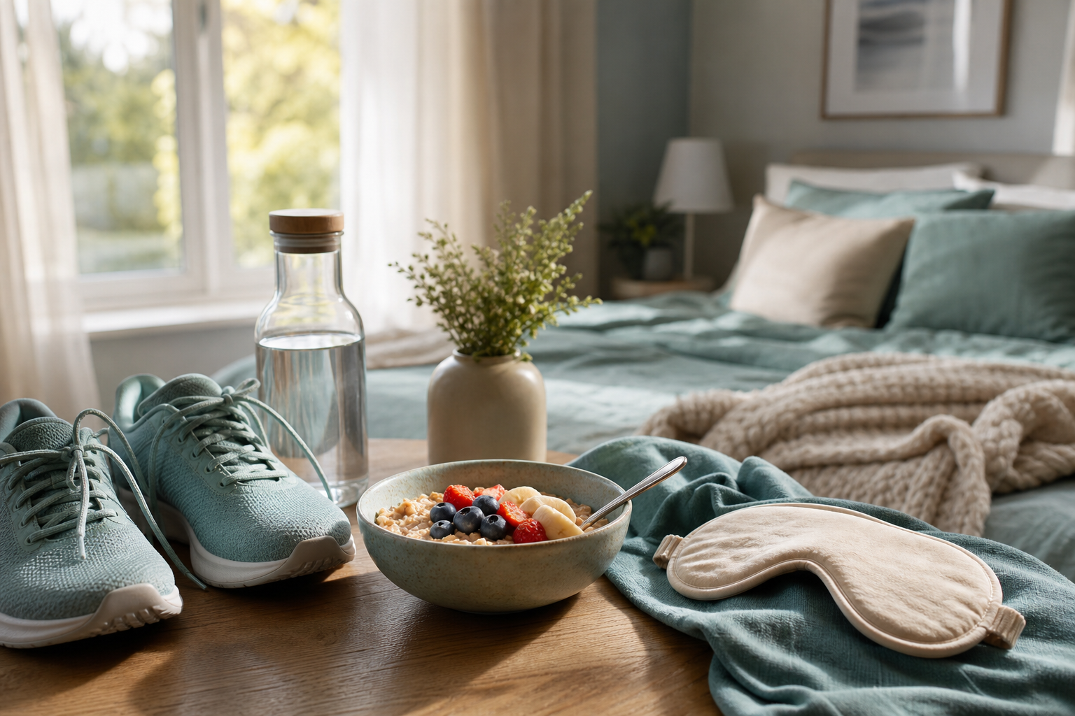 Balanced breakfast, water, walking shoes and restful bedroom for persistent fatigue