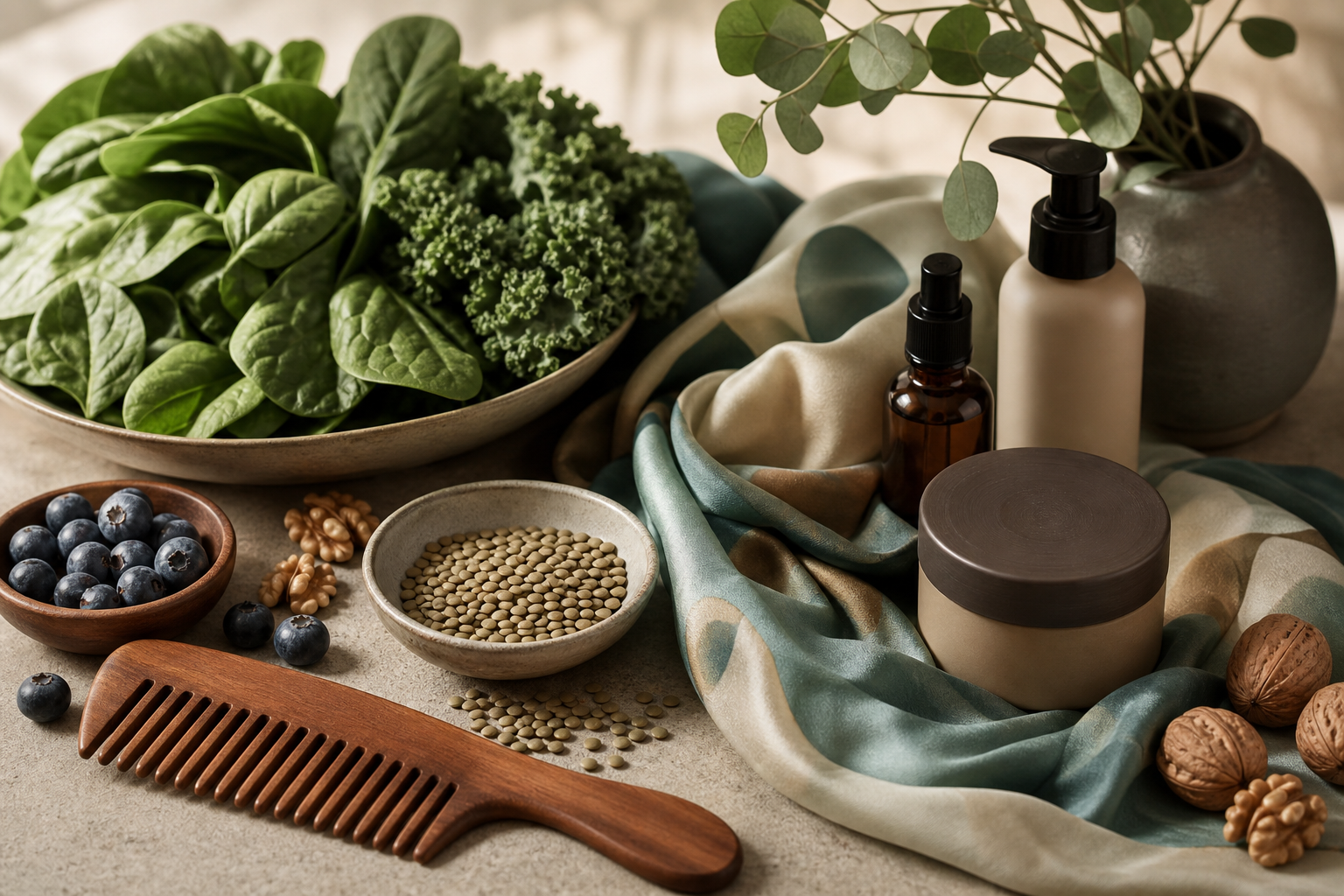 Wide-tooth comb, gentle hair care and nutrient-rich foods for women experiencing hair loss