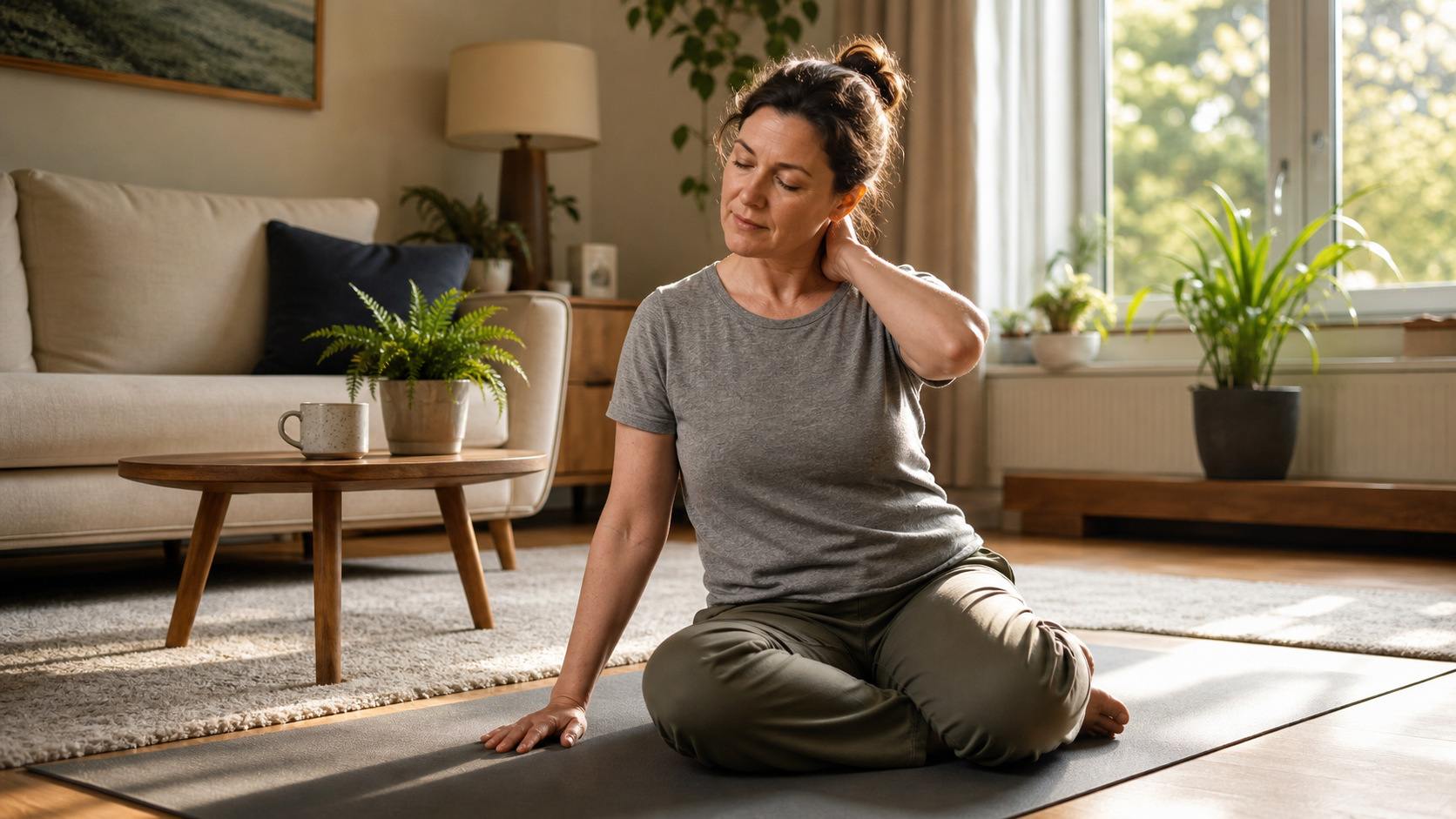 A woman using gentle movement to manage fibromyalgia symptoms