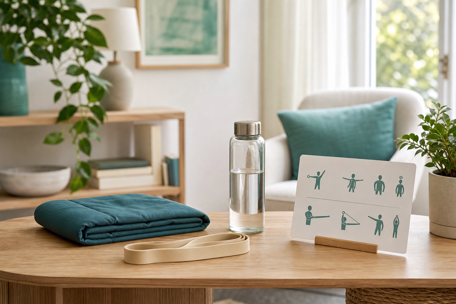 Heat pack, exercise band and gentle shoulder-mobility support in a calm home setting