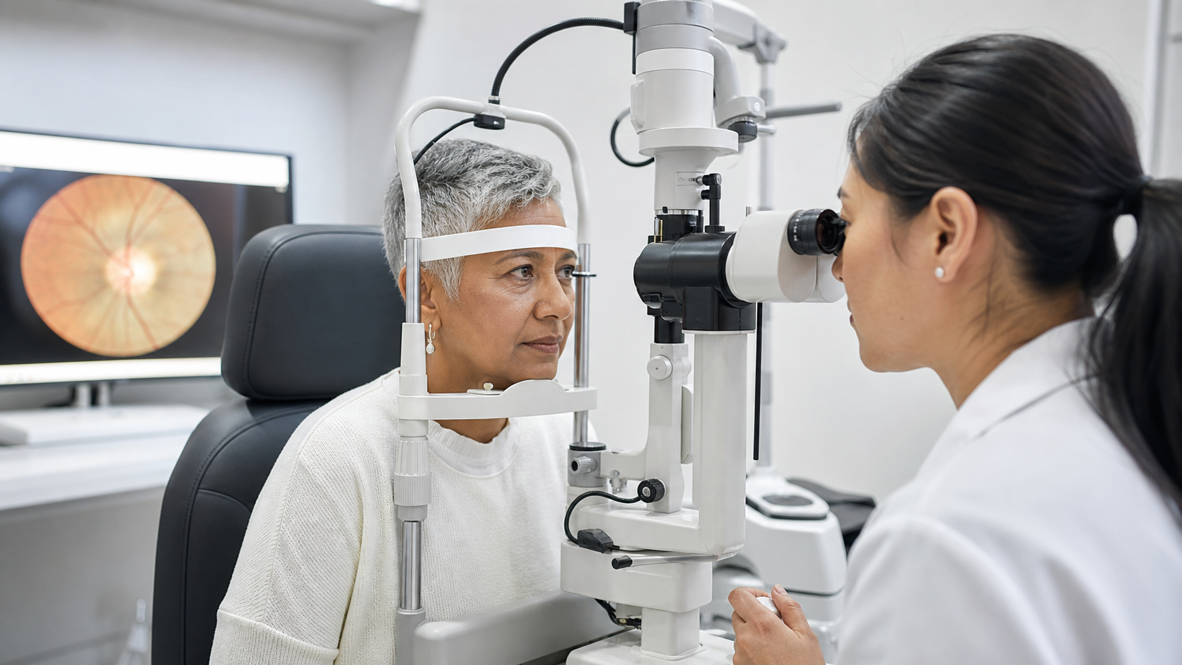 A mature woman having an optic nerve examination for glaucoma