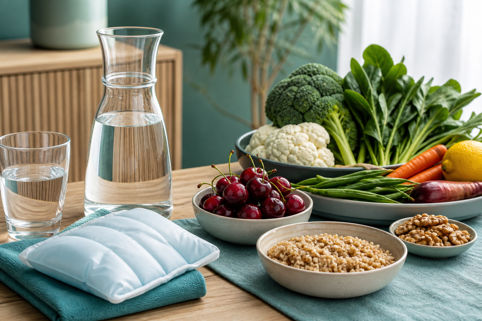 Water, cooling pack and balanced whole foods arranged for gout self-care