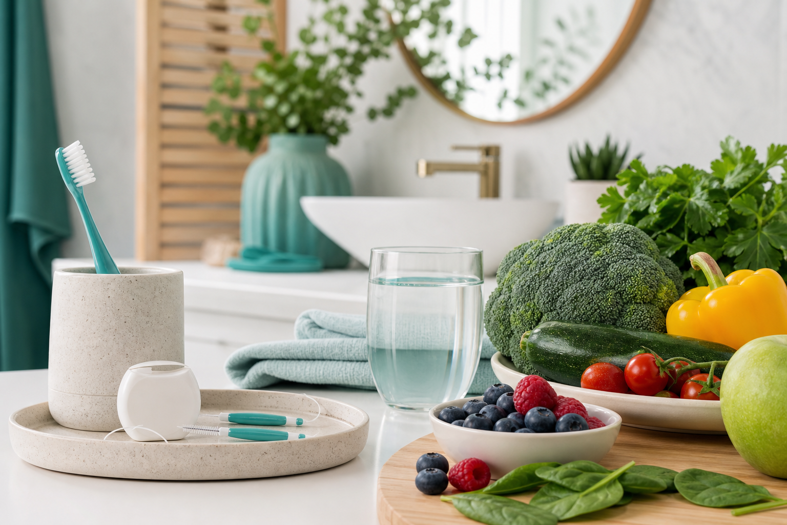 Toothbrush, interdental brushes and colourful nutrient-rich foods for gum health