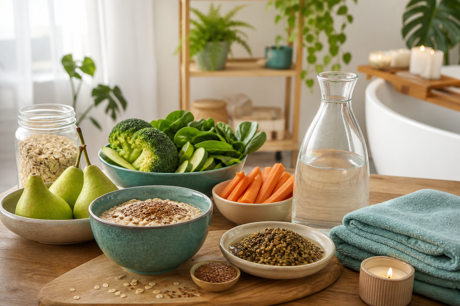Fibre-rich foods, water and gentle self-care items for haemorrhoid prevention