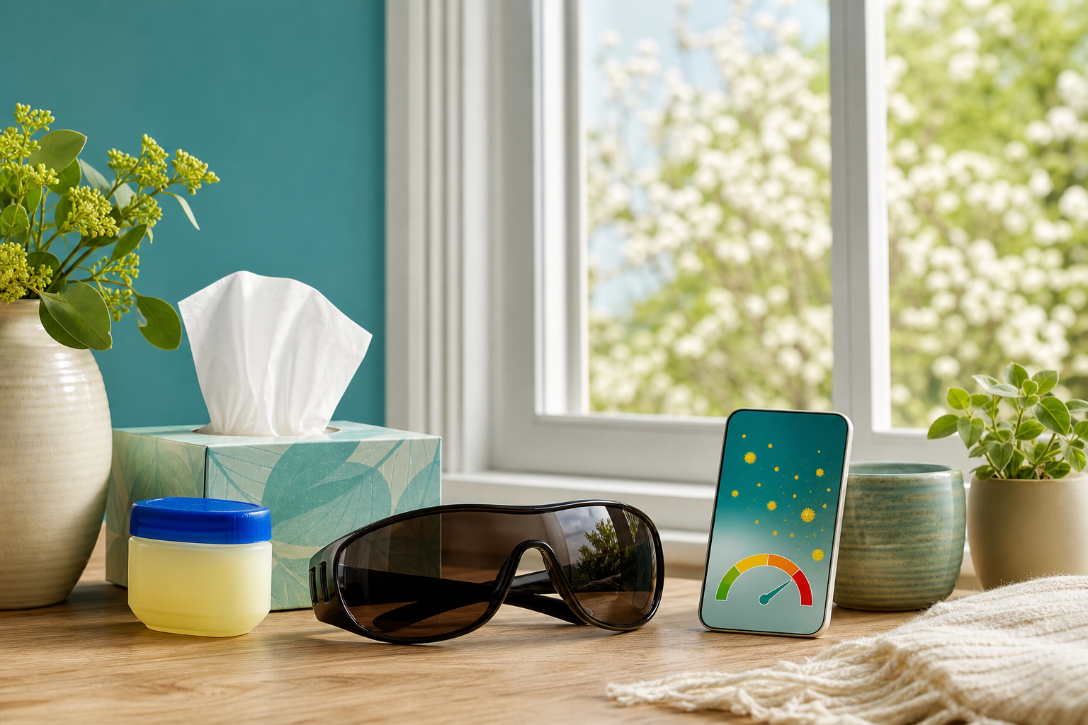 Wraparound sunglasses, tissues and a pollen forecast beside a bright window