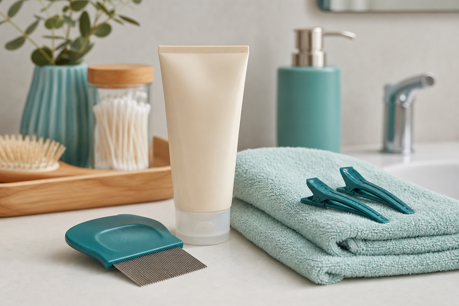 Fine-toothed detection comb, conditioner and clean towel for head-lice treatment