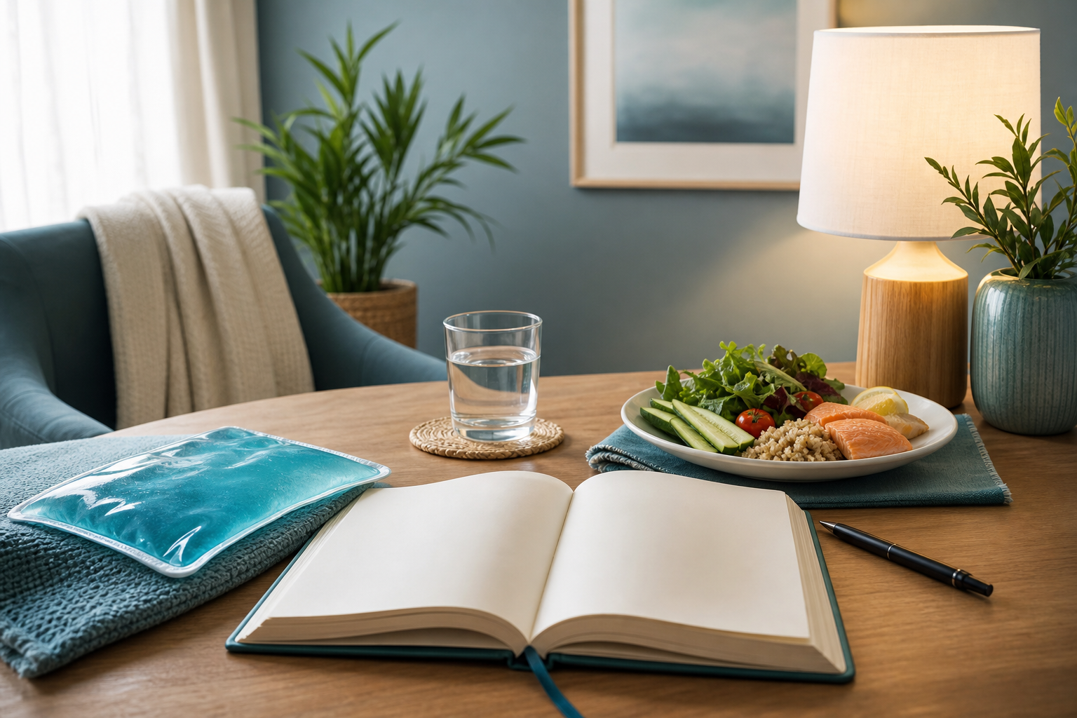 Headache diary, water, regular meal and a cool pack in a calm setting