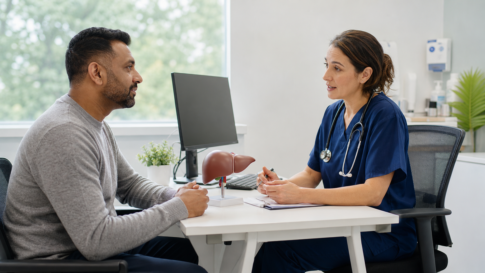 A patient discussing liver health and hepatitis with a clinician