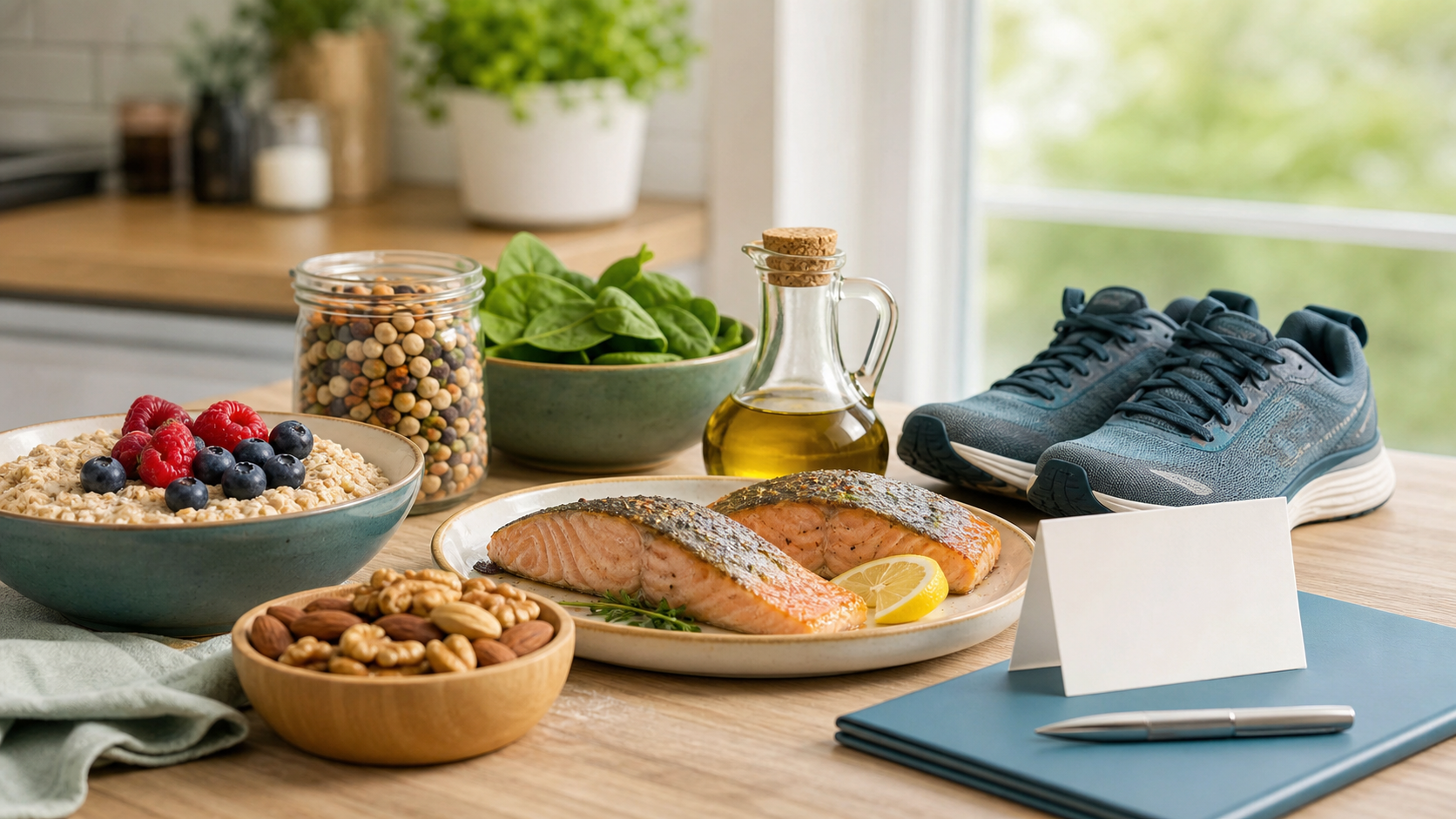 Oats, berries, pulses, oily fish, olive oil and walking shoes