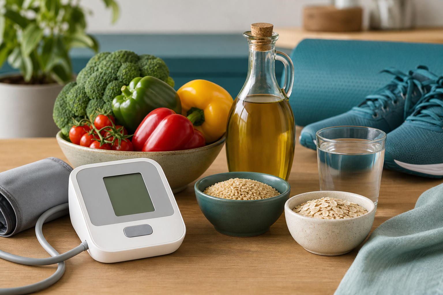 Home blood-pressure monitor beside vegetables, whole grains and walking shoes