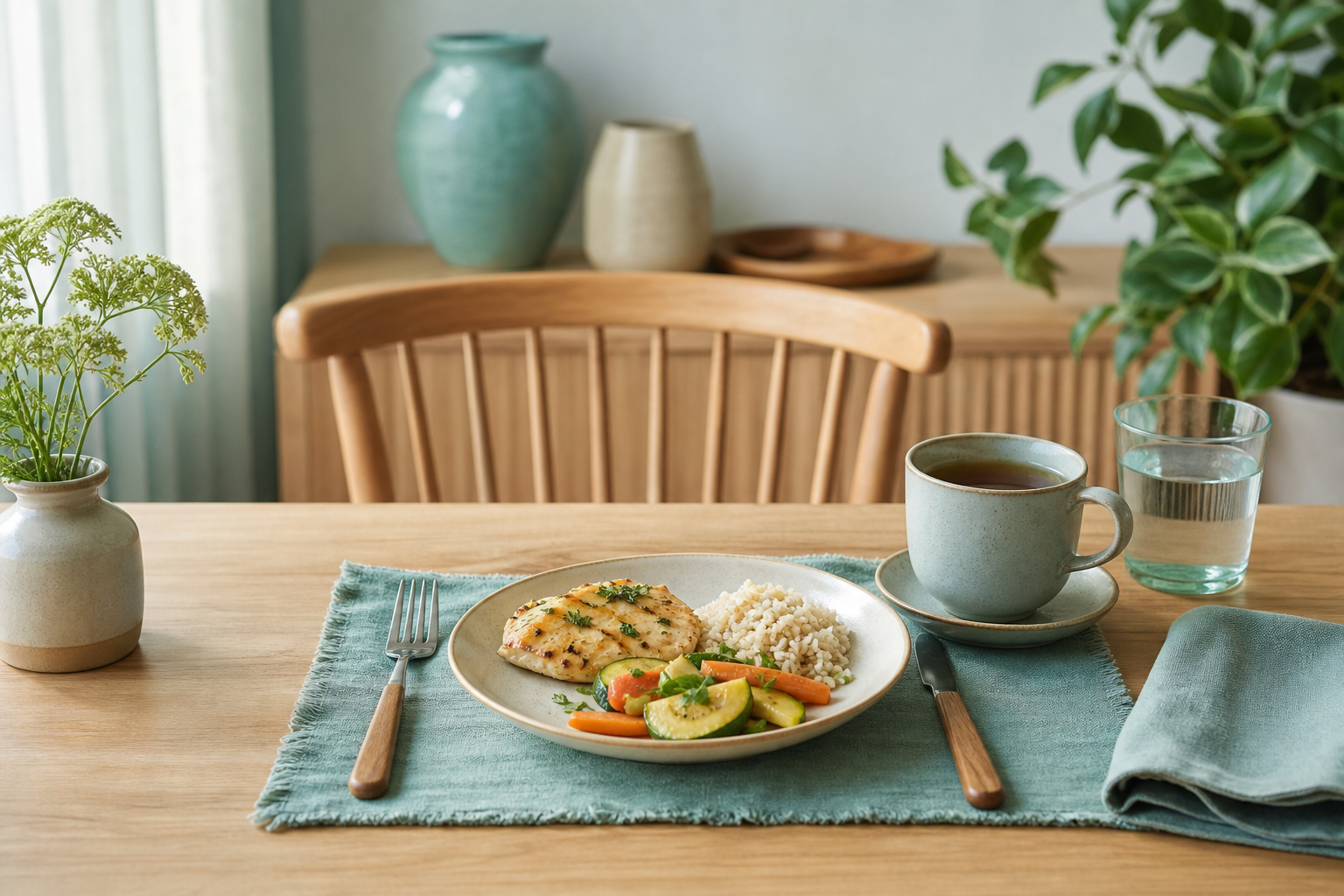 Small balanced meal, herbal tea and upright dining setting for comfortable digestion