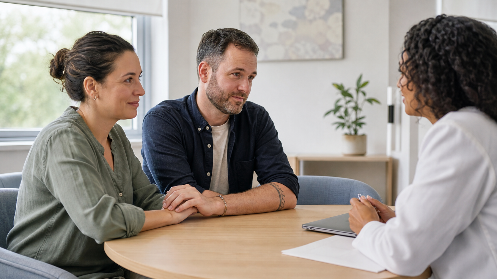 A couple having a supportive fertility consultation with a clinician
