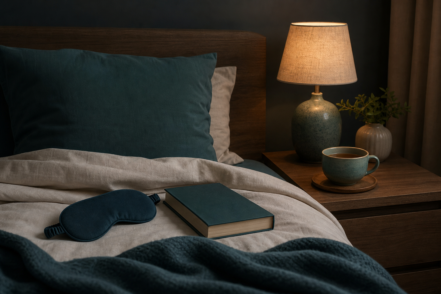 Dark calm bedroom, sleep mask, book and evening herbal tea for healthy sleep habits