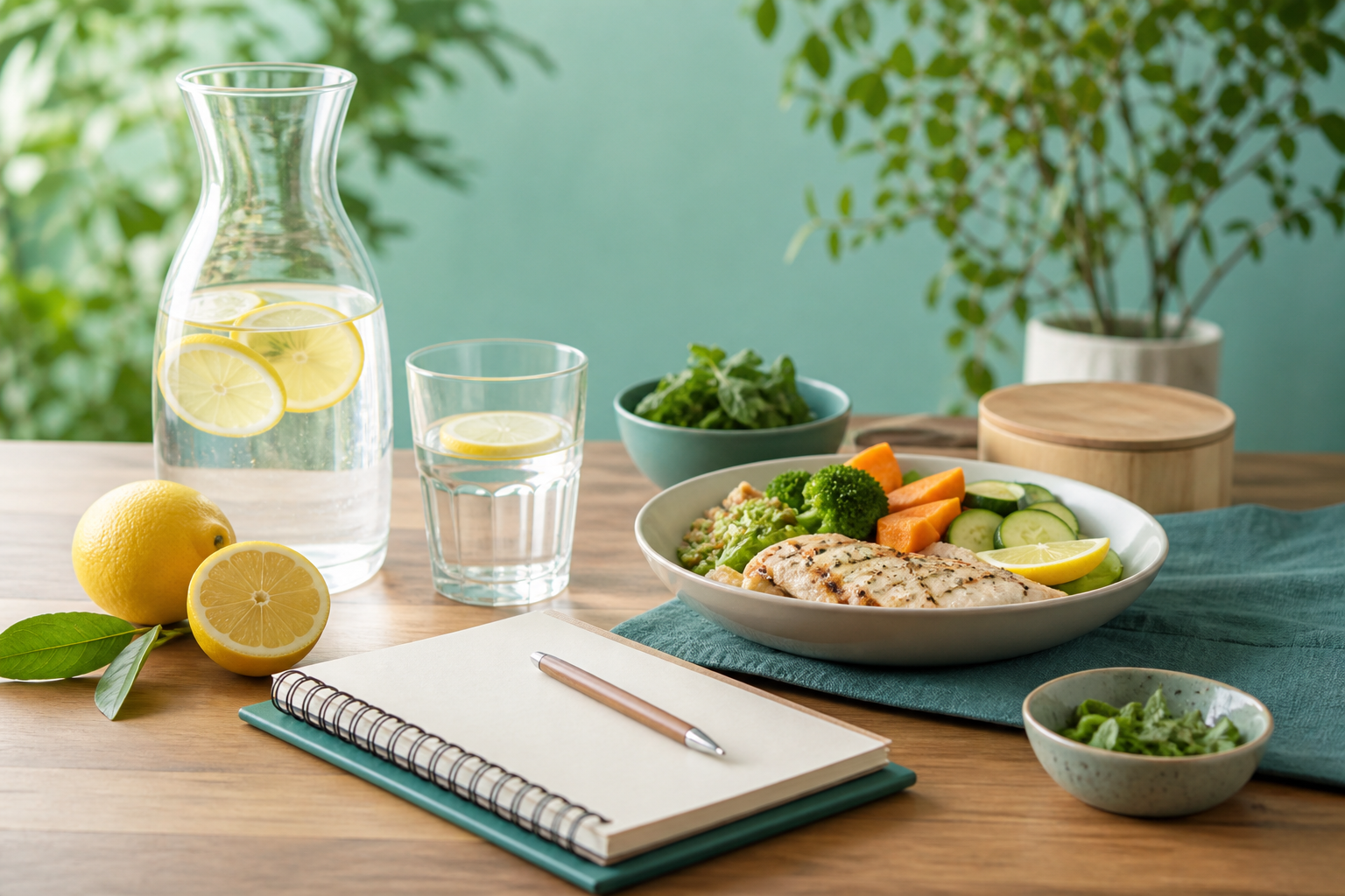 Water carafe with lemon, pale urine hydration cue and balanced low-salt foods