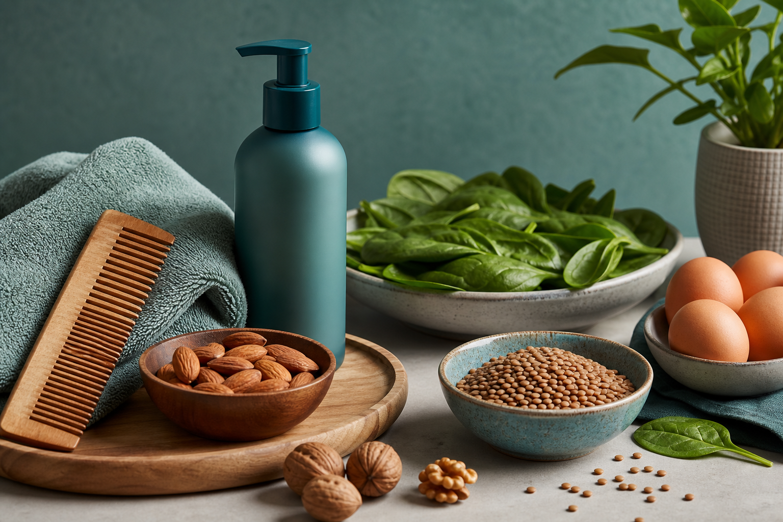 Wooden comb, gentle hair care and protein-rich whole foods for male hair health