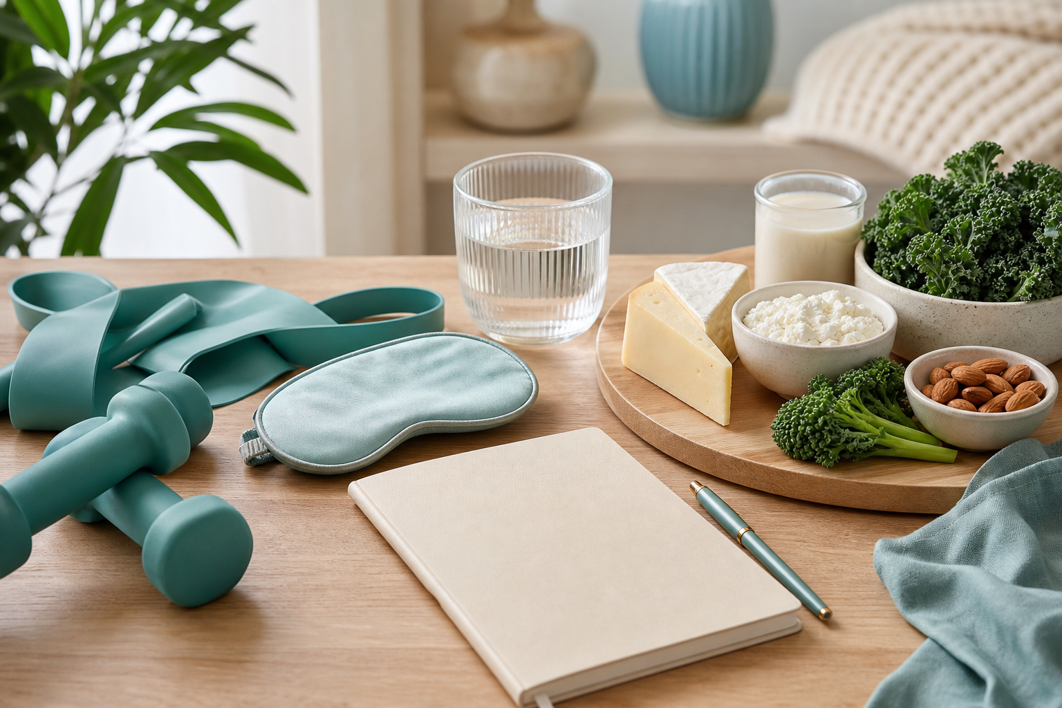 Resistance band, calcium-rich foods, water and restful journal for menopause wellbeing