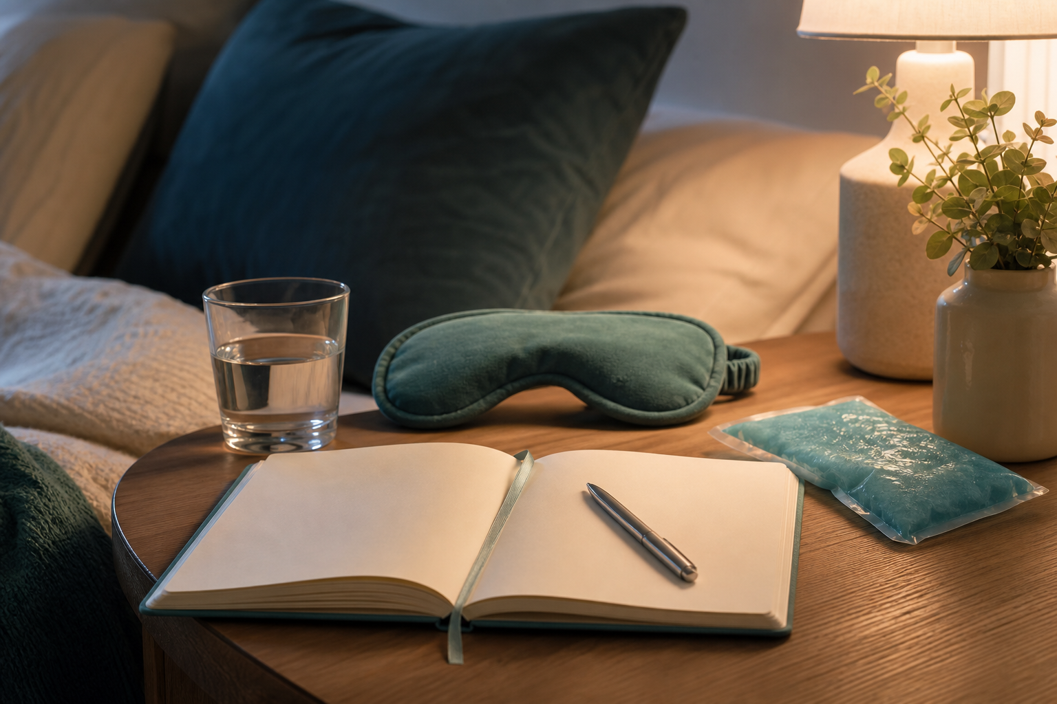 Migraine diary, water, sleep mask and cool pack in a calm darkened room