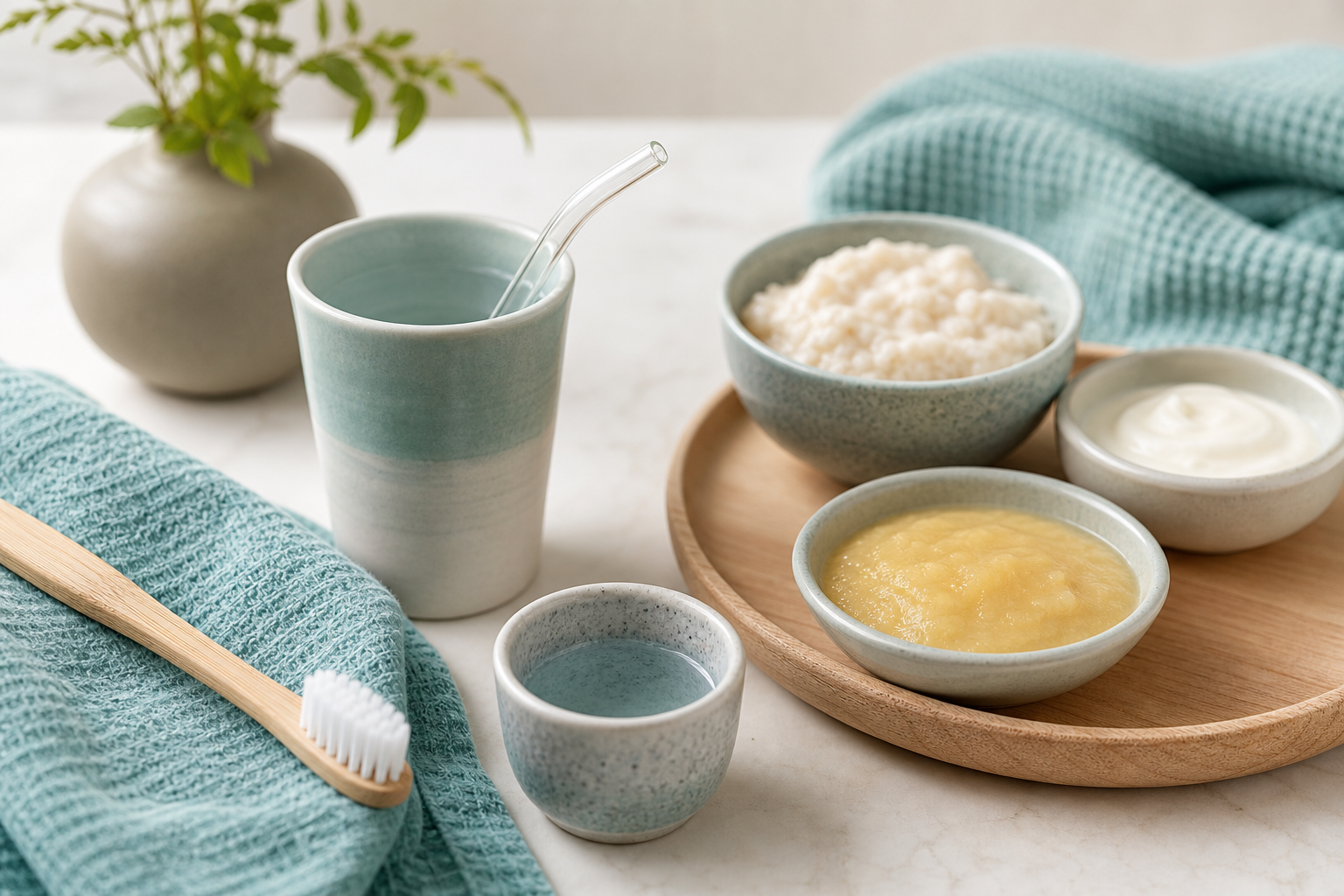 Soft toothbrush, cool drink and gentle foods for mouth-ulcer self-care
