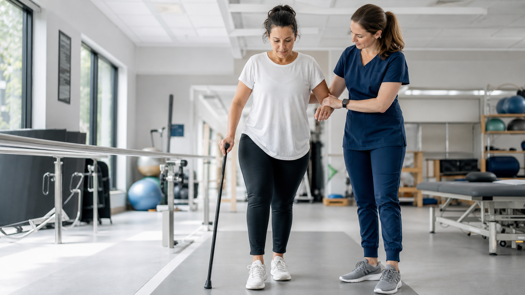 A woman with multiple sclerosis working on mobility with a physiotherapist