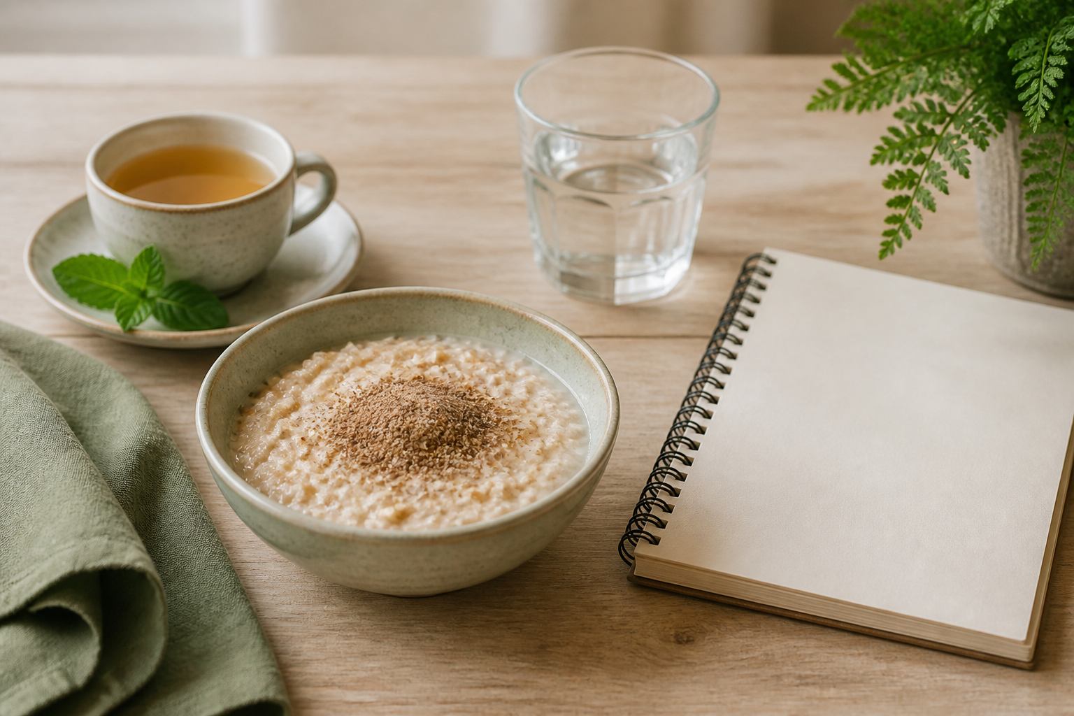 Oat porridge with linseed, peppermint tea, water and a food-and-symptom notebook